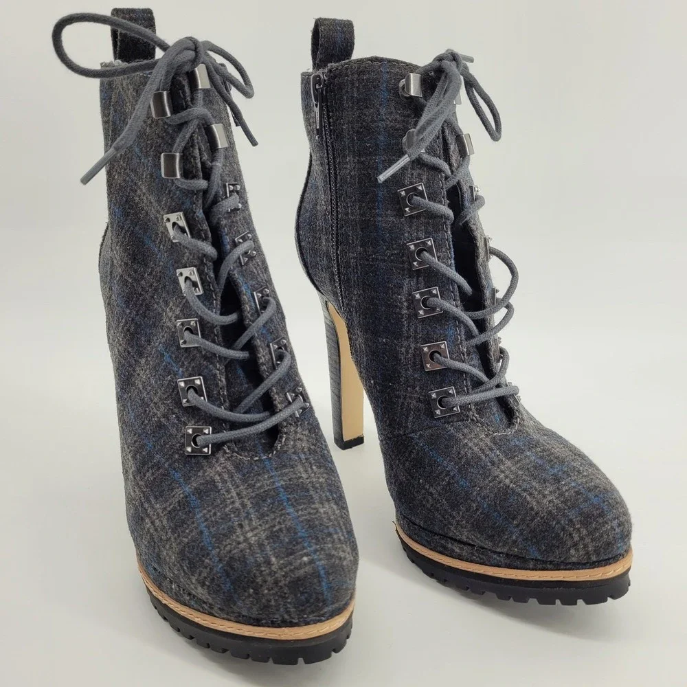 Gianni Bini Tosti Grey Plaid Lace Up Stiletto Platform Ankle Boots Womens 7M